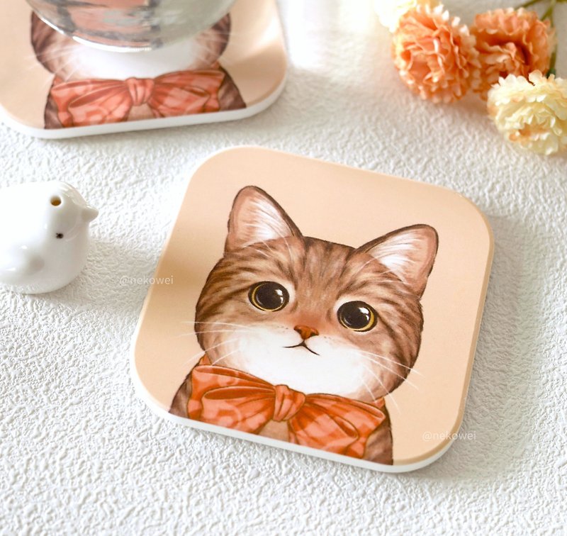 Tabby cat ceramic absorbent coaster cat coaster cat illustration cute original ceramic coaster - Coasters - Pottery Orange