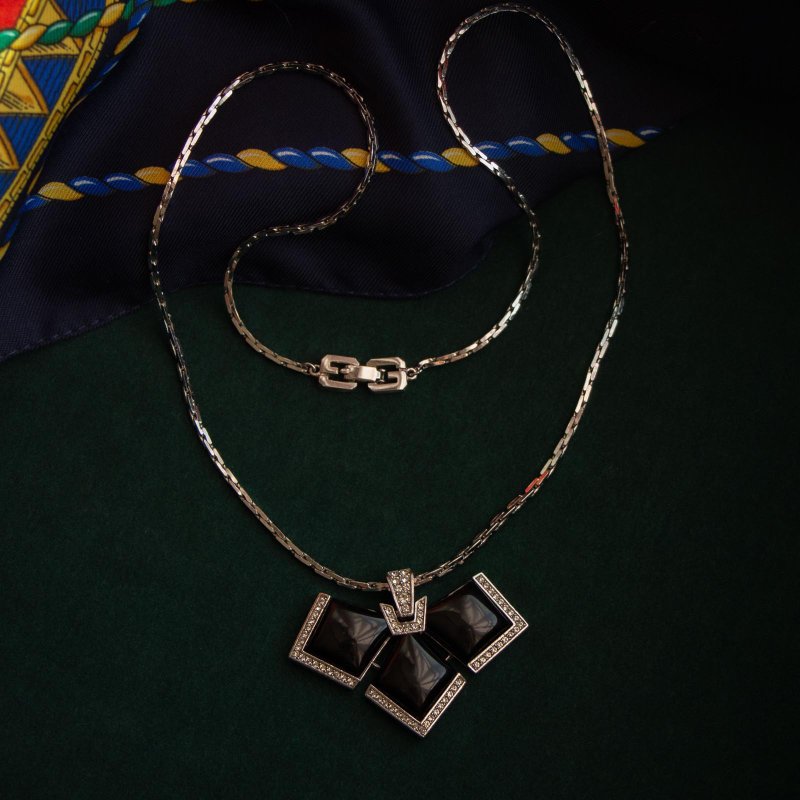 Paris, France, Givenchy famous brand antique Art Deco style geometric Silver and black long necklace - สร้อยคอ - โลหะ สีดำ