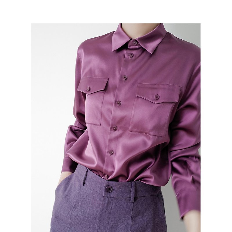 板栗研衣所 獨立設計玫瑰紫22姆米真絲彈力緞小方領基礎款襯衫 - 女襯衫 - 絲．絹 