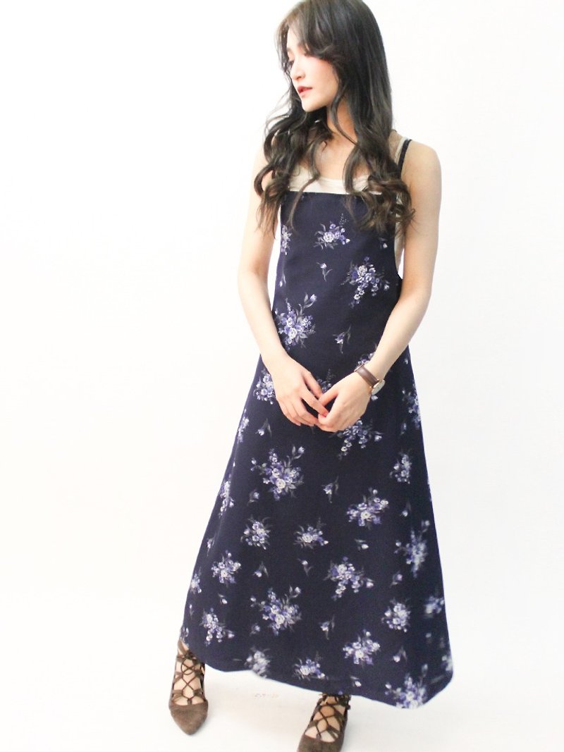 Retro small fresh dark blue floral strapless sleeveless vintage dress-D666 - One Piece Dresses - Polyester Blue