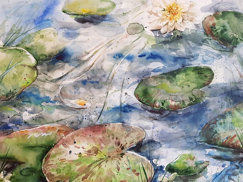 A pond with water lilies artwork hand painted Watercolor painting on paper