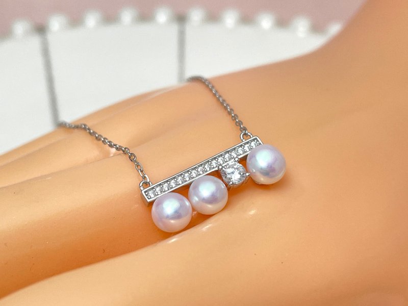 [Customer exclusive customization] Balance beam natural freshwater pearl aurora colorful Silver necklace - Necklaces - Pearl White