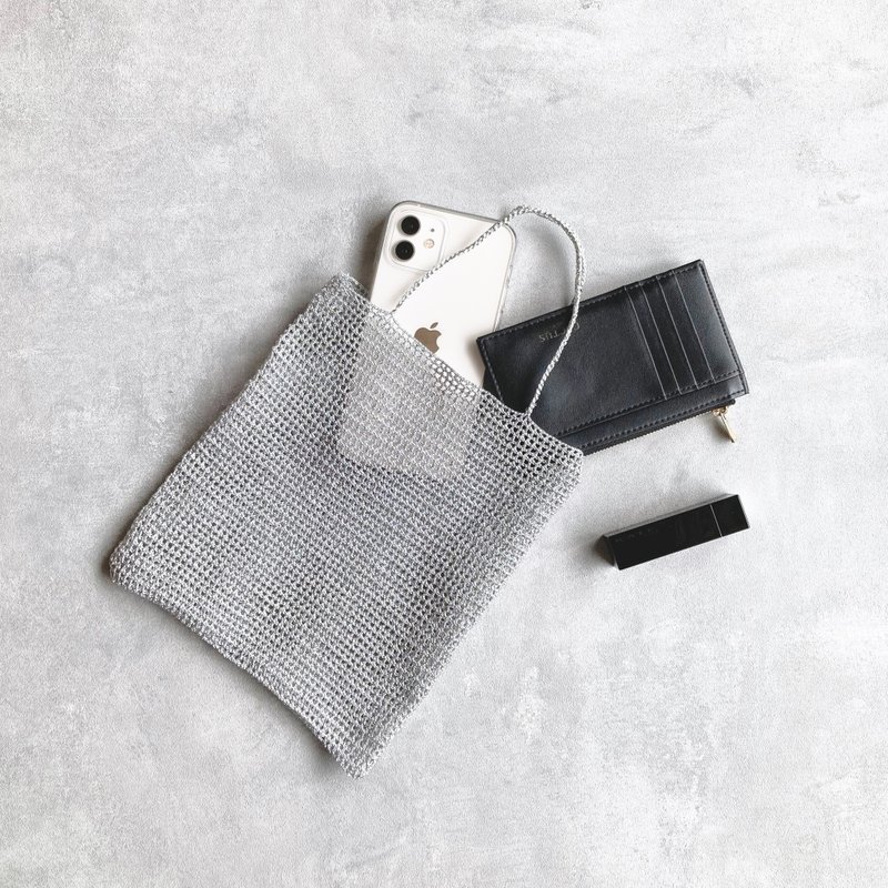 メタリックヤーンのかぎ針編みミニバック 18.5×21.5cm - 手提包/手提袋 - 銅/黃銅 金色