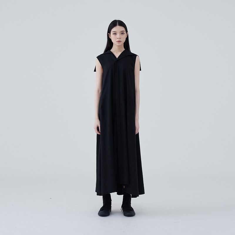 TRAN - sleeveless lapel dress - ชุดเดรส - เส้นใยสังเคราะห์ สีดำ