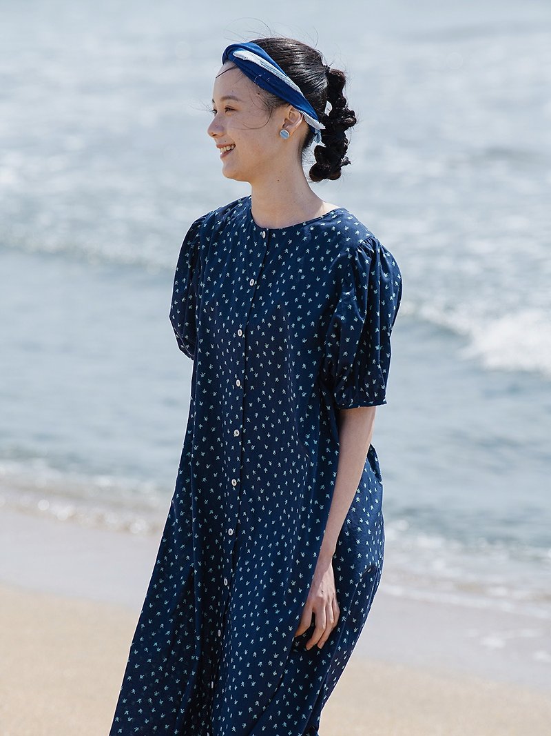 KOOW French style small leaf floral dress double-sided wear Japanese summer light long skirt - One Piece Dresses - Cotton & Hemp Blue