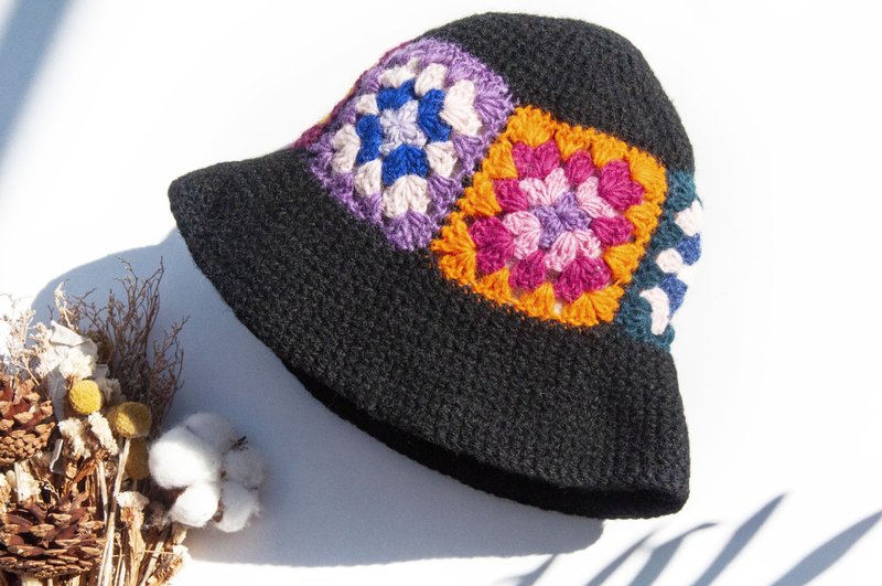 Hand-knitted Pure Wool Hat | Crochet Knit Hat | Floral Handmade Beanie | Yarn Hat - Nordic Floral Style - Hats & Caps - Wool Multicolor