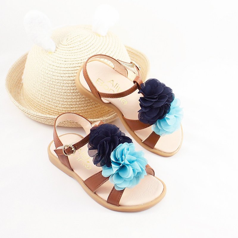 Hawaiian flower leather sandals-caramel coffee - Kids' Shoes - Genuine Leather Brown