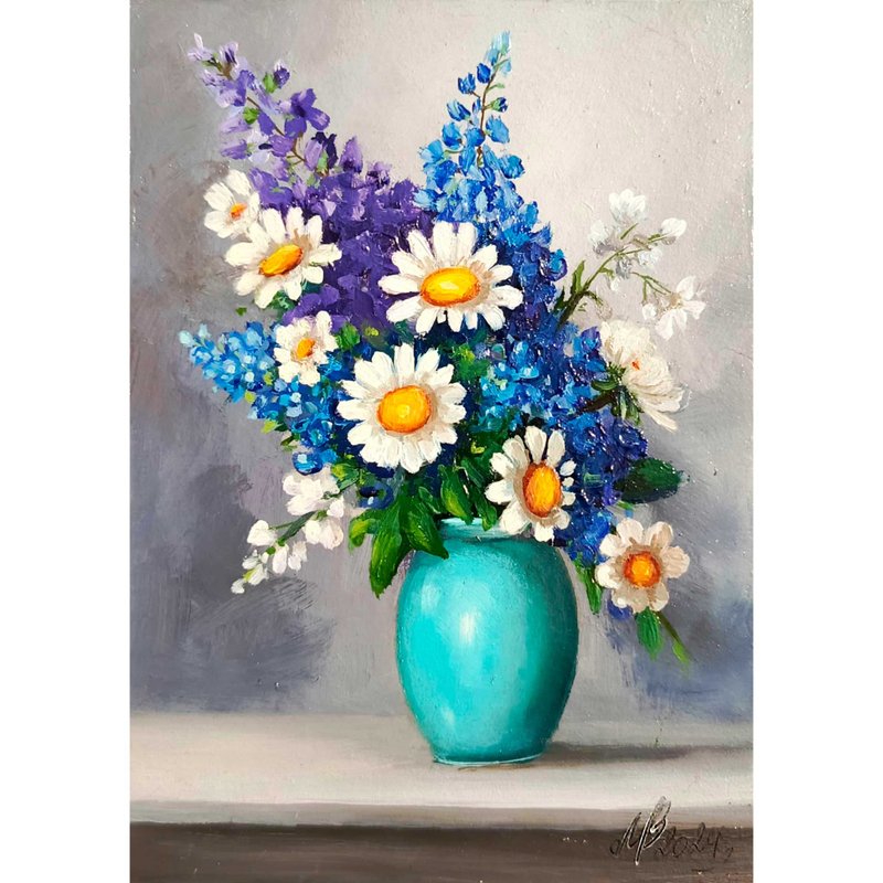 Painting with flowers. It is sold in a frame. Floral still life. Handmade work. - ตกแต่งผนัง - กระดาษ สีเงิน