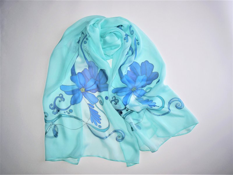 絲巾 Hand painted silk scarf Floral long silk scarf light blue Silk chiffon scarf - 絲巾 - 絲．絹 藍色