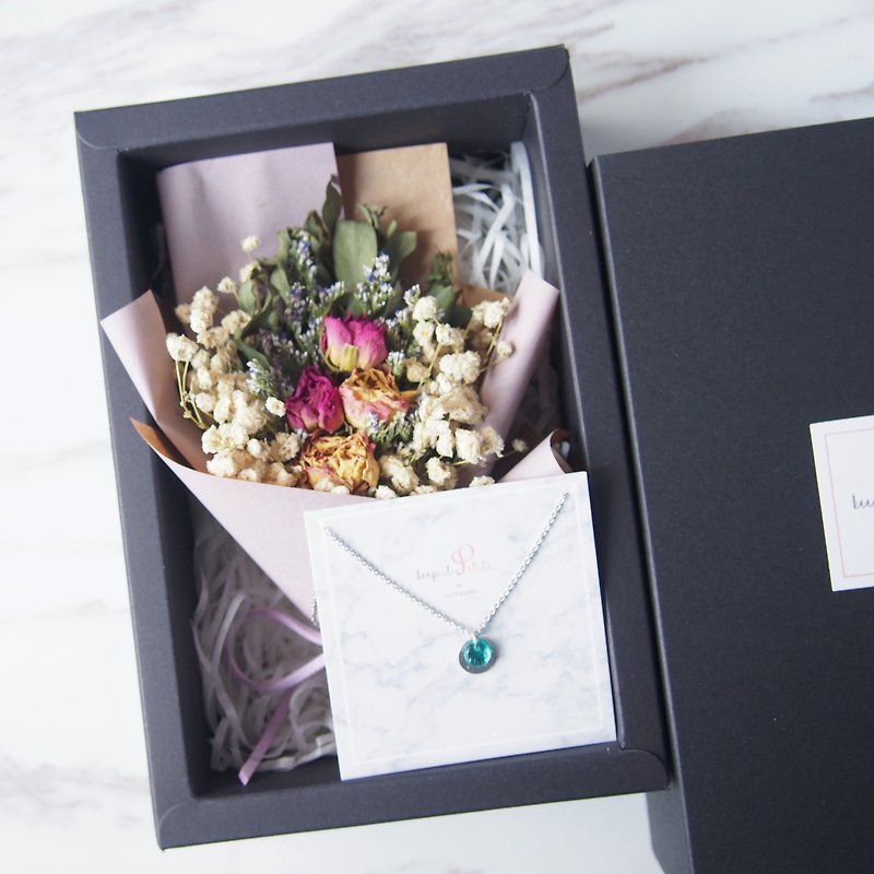 [Elegant Gift Set] Dry Rose (Light Purple) + Blue Glass Round Necklace - สร้อยคอ - โลหะ สีน้ำเงิน