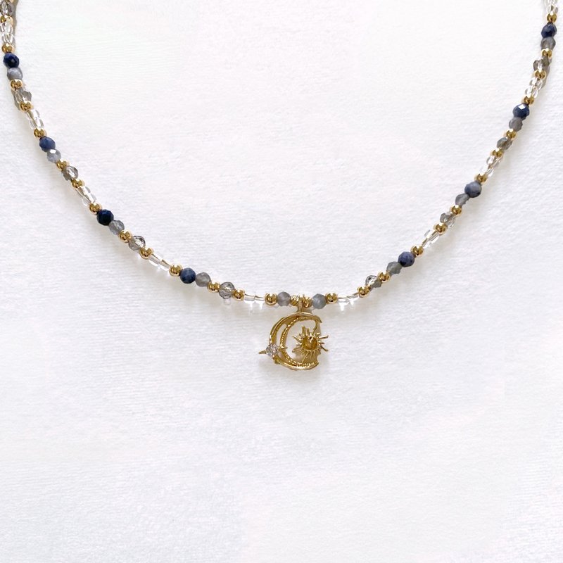 Mystery Night | Iolite Moon Sun Pendant Beaded Necklace - สร้อยคอ - คริสตัล สีดำ