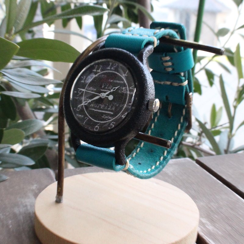 Handmade watch [Hypoallergenic to metal] Via Aurelia (Stone case Black & Blue belt) - Women's Watches - Copper & Brass Black