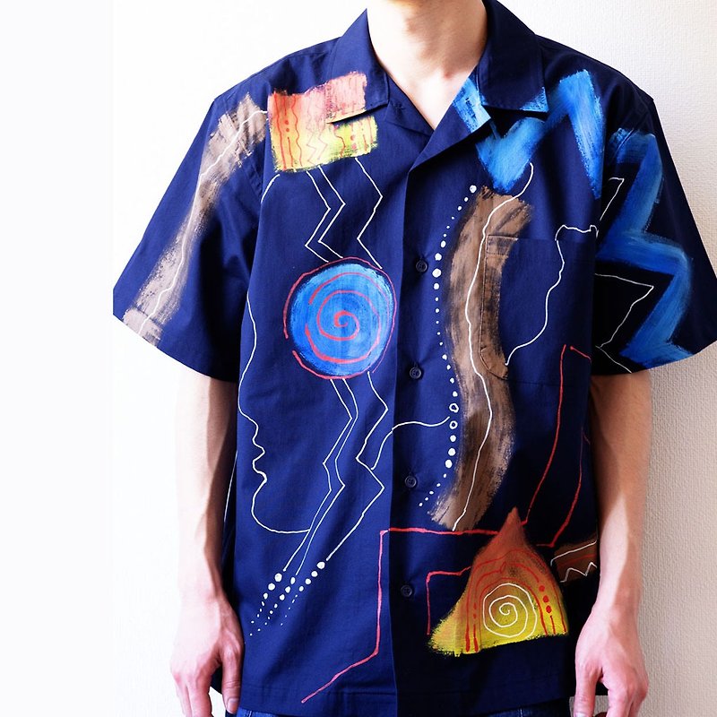 Ethnic paint short-sleeved shirt cotton navy blue unisex - Unisex Hoodies & T-Shirts - Cotton & Hemp Multicolor