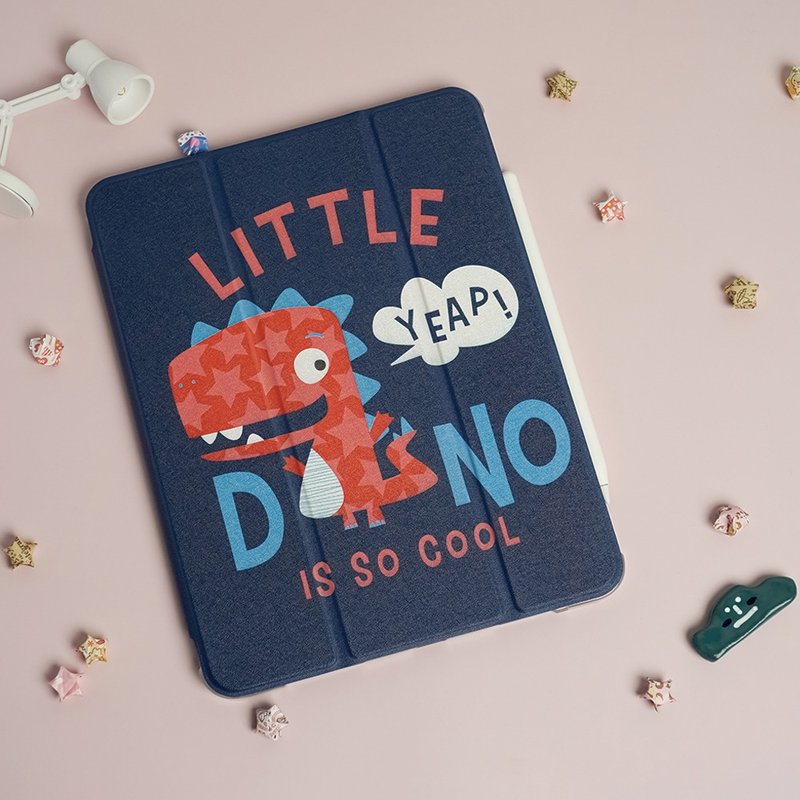 Includes gifts | iPad matte soft bottom and soft edge airbag protective case [Little Dinosaur] pen tray on the left - เคสแท็บเล็ต - วัสดุอื่นๆ สีน้ำเงิน