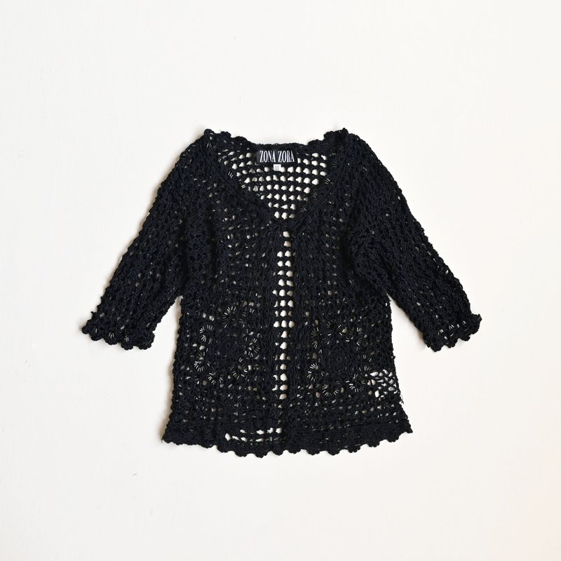 [Egg Plant Vintage] Black Star Hollow Knitted Vintage Top - สเวตเตอร์ผู้หญิง - ไฟเบอร์อื่นๆ สีดำ