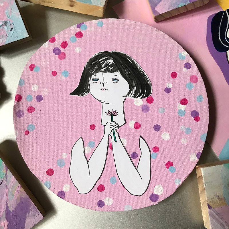 肥妹子Chumimi系列 | 捧花少女粉紅圓形掛牆剪貼油畫 - 擺飾/家飾品 - 顏料 粉紅色