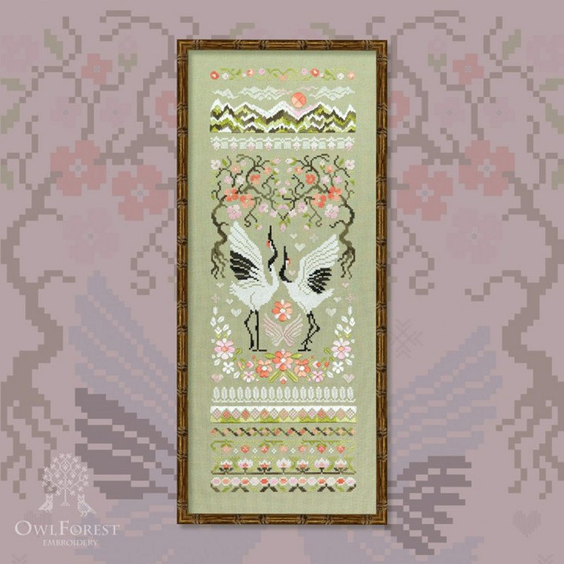 Peach Cranes cross stitch kit embroidery by Owlforest - Knitting, Embroidery, Felted Wool & Sewing - Thread 