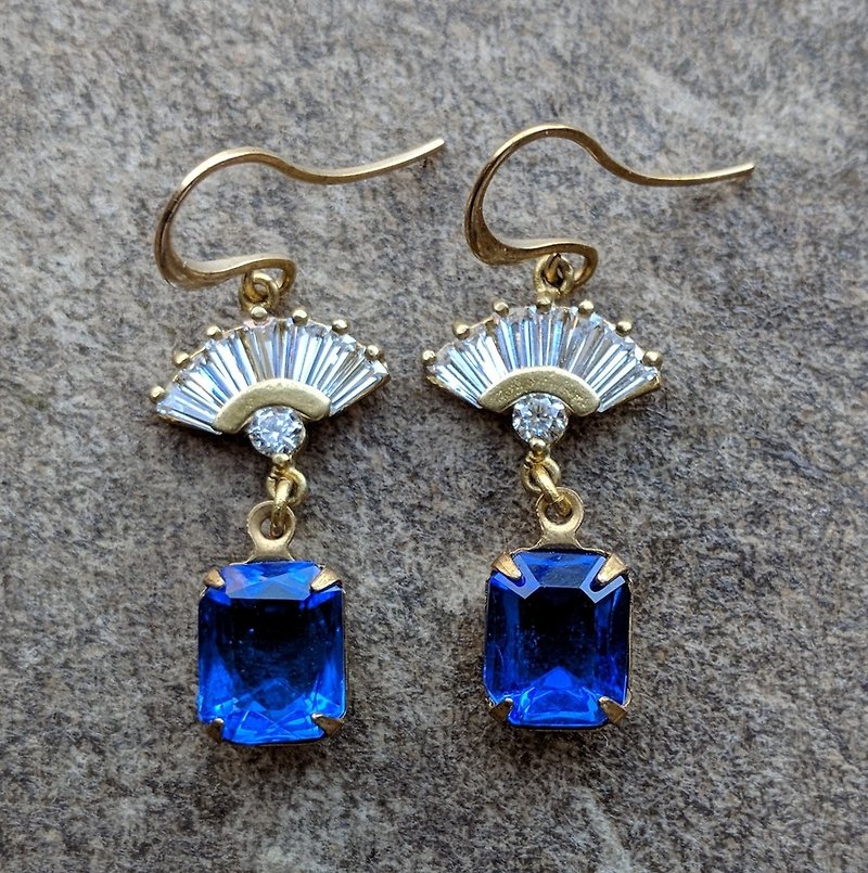 Art Deco Vintage Glass Earrings - ต่างหู - โลหะ สีน้ำเงิน