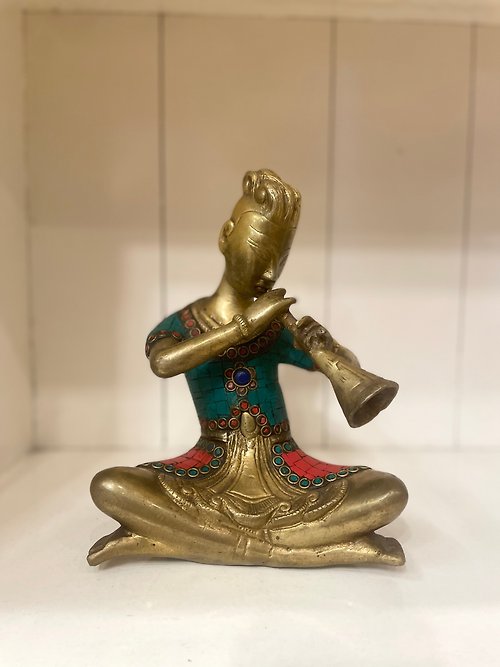 Indian Handmade Fine Inlaid Craft Brass Statue - Indian Traditional Musical  Instrument Blowing
