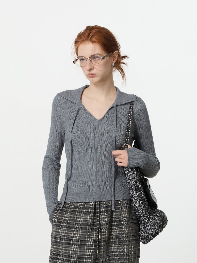 Pencil Gray Lapel Style Floating Ribbon Overlay Knitwear - Women's Sweaters - Wool Gray