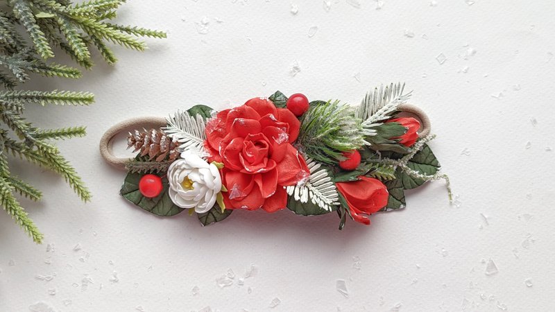聖誕嬰兒頭帶 紅色花朵配飾 節日頭帶 - 嬰兒手鍊/飾品 - 其他材質 紅色