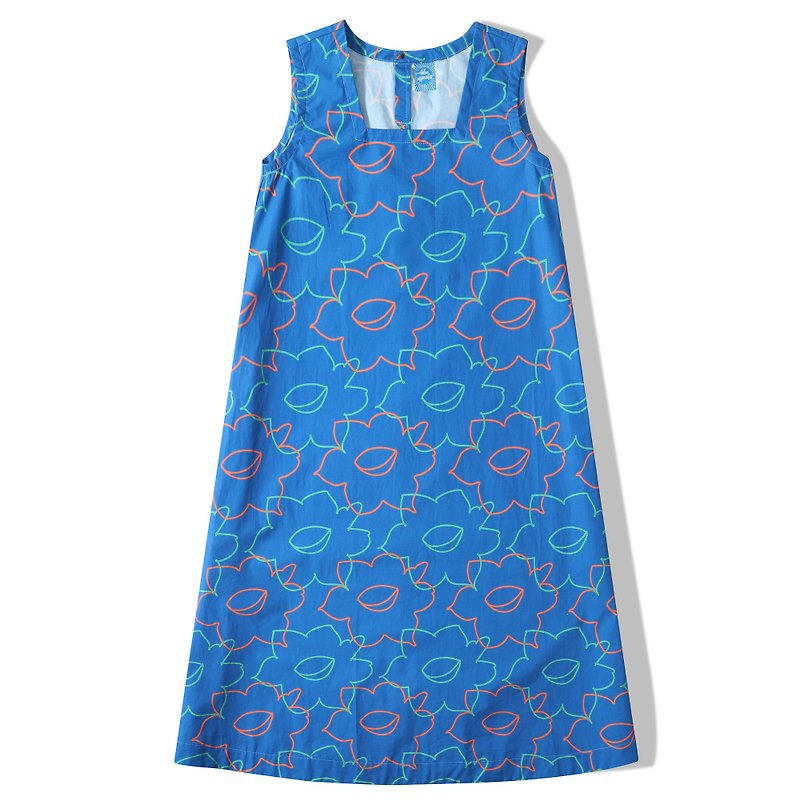 GOC カラフル水仙柄ブルーオールマッチポプリン タンクドレス 限定生産