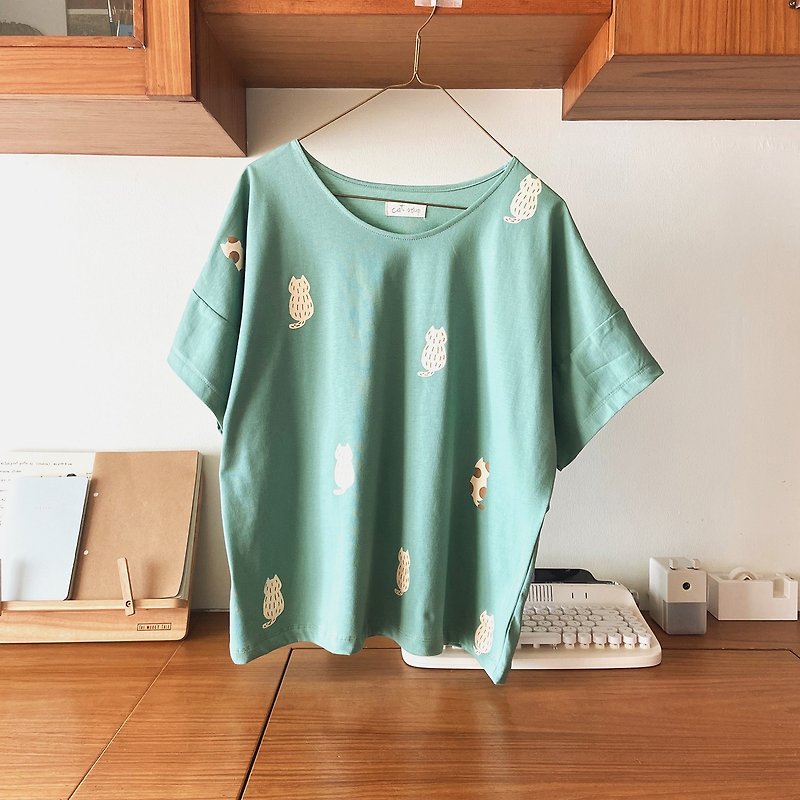 miaou t-shirt : mint - เสื้อยืดผู้หญิง - ผ้าฝ้าย/ผ้าลินิน สีเขียว
