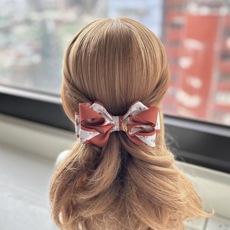 Temperament three-dimensional bow clip hairpin hair accessories - brick red retro flowers - เครื่องประดับผม - วัสดุอื่นๆ สีแดง