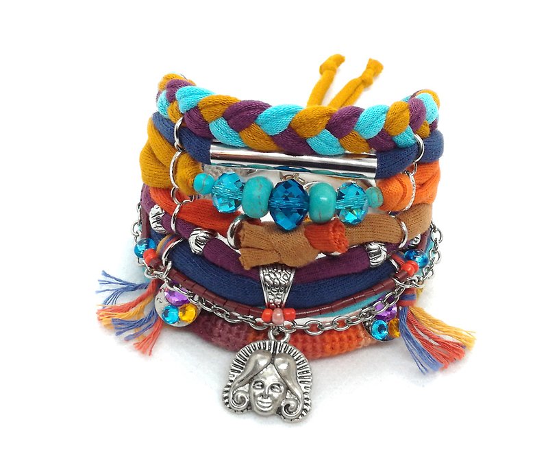 Colorful Head Charm Tribal Bracelet Orange Turquoise Exotic Gypsy Jewelry - สร้อยข้อมือ - ผ้าฝ้าย/ผ้าลินิน หลากหลายสี