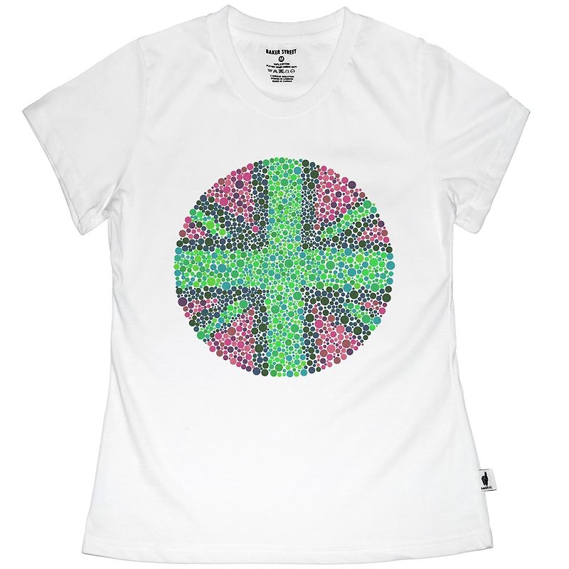 British Fashion Brand -Baker Street- Ishihara Union Jack Printed T-shirt - เสื้อยืดผู้หญิง - ผ้าฝ้าย/ผ้าลินิน ขาว