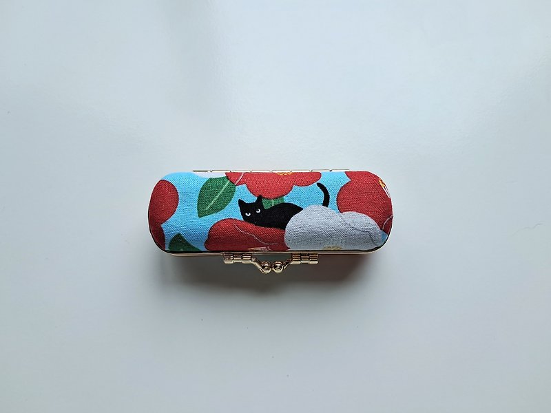 Japanese Camellia_Light Blue Black Cat_Gold Frame Mini Gold Box - Toiletry Bags & Pouches - Other Materials Multicolor