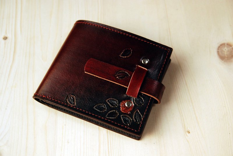 [Offering] [Vegetable Tanned Leather Short Clip] Plug-in Elegant Rose Wine Red Short Clip - Wallets - Genuine Leather 