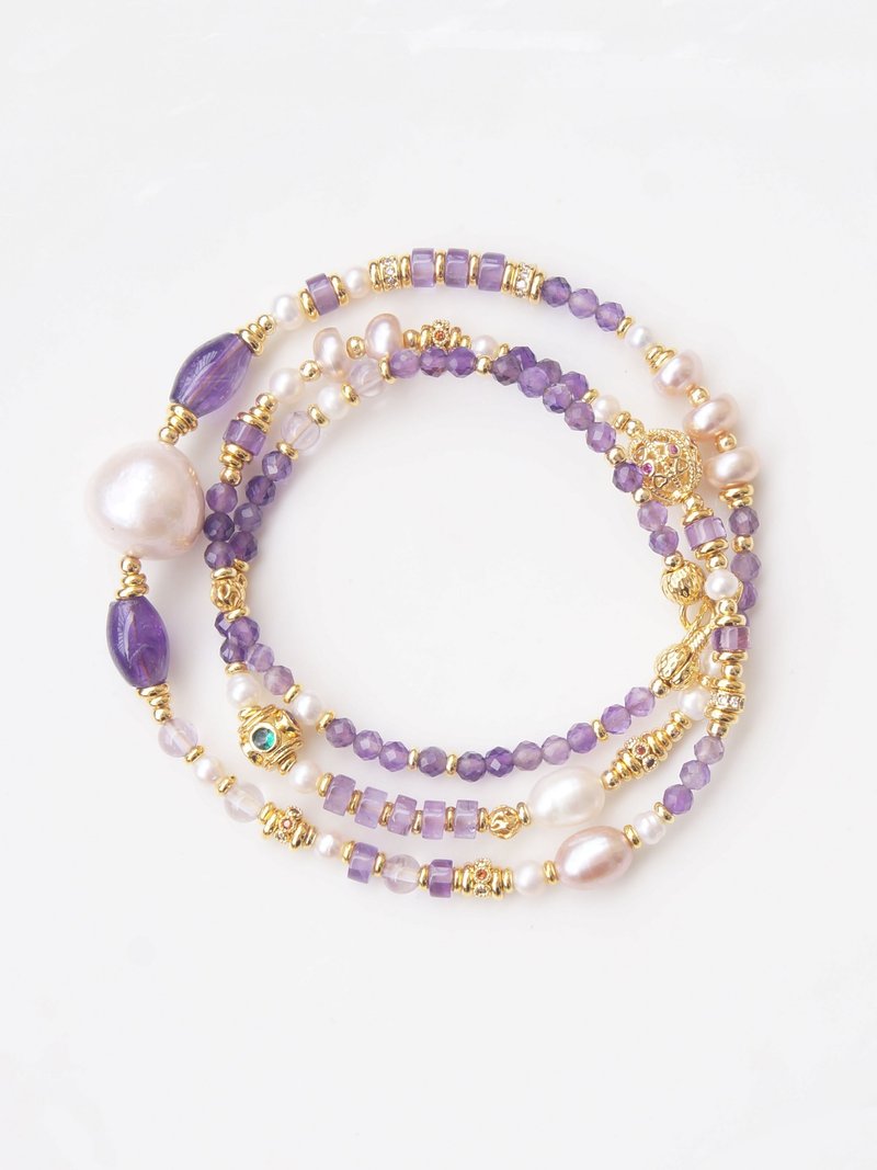 天然アメジストパールネックレス 中国風多宝ビーズロングネックレス バロックパールレトロセーターチェーン - ネックレス - クリスタル ゴールド
