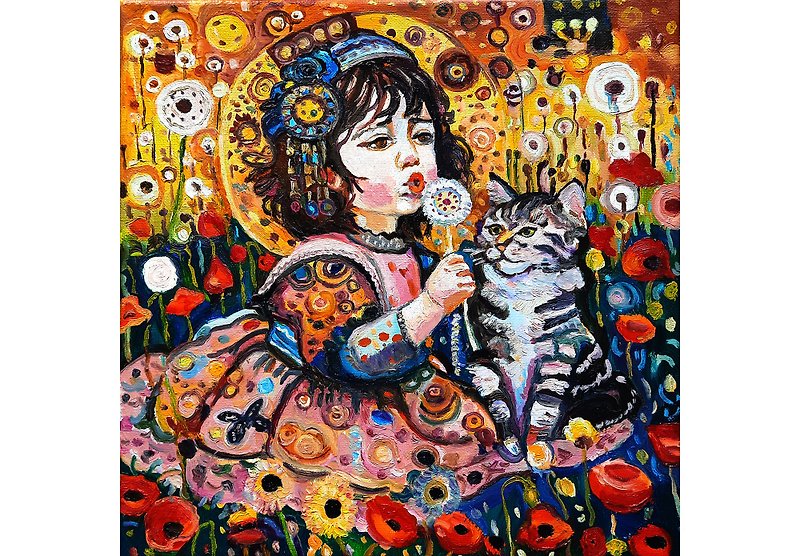 原創畫 Child  with Cat Painting  Original Art  Oil Painting  Oil On Canvas - Wall Décor - Other Materials Orange