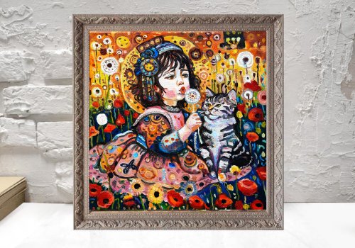 キャンバス油絵　自分の子どものころの写真を見るにゃんこたち キャンバス油絵 自分の子どものころの写真を見るにゃんこたち