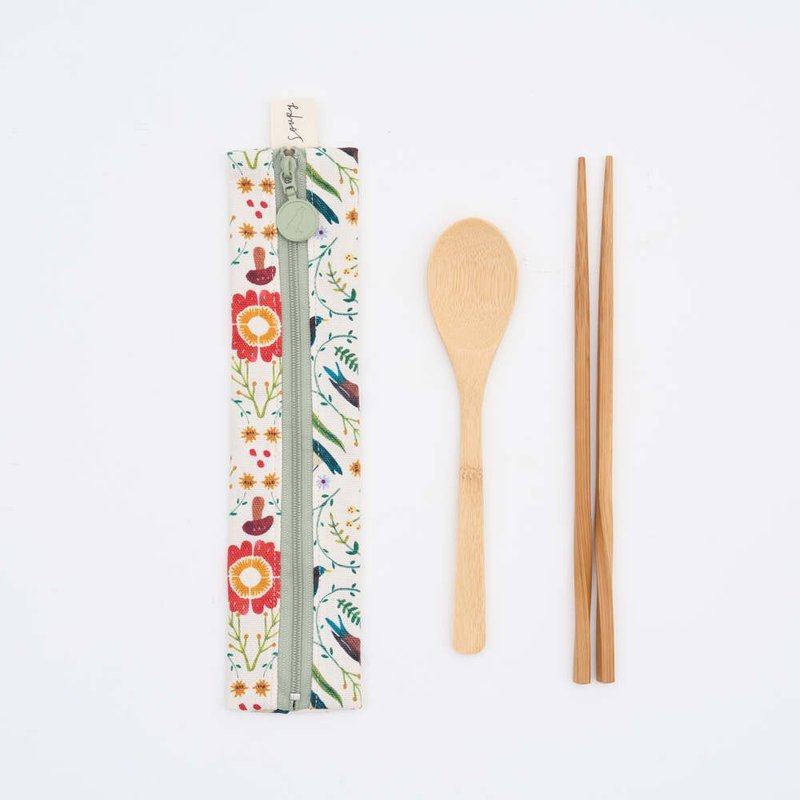 拉鏈餐具袋(含餐具)/藝術家聯名/印花樂 x Soupy Tang/森林萬花筒 - 刀叉/湯匙/餐具組 - 棉．麻 多色