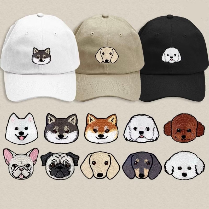 Spot dog embroidery hat Q fur canvas French Bulldog Poodle Shiba Inu Bago Bichon Frize - Hats & Caps - Cotton & Hemp Khaki