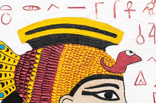 オリジナル絵画、クレオパトラ、古代エジプト、黄色、青、白の色