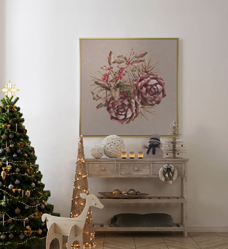 聖誕節的祝福－松果與冬青樹-懷舊松果耶誕裝飾畫/聖誕佈置/送禮 - 海報/掛畫/掛布 - 棉．麻 多色