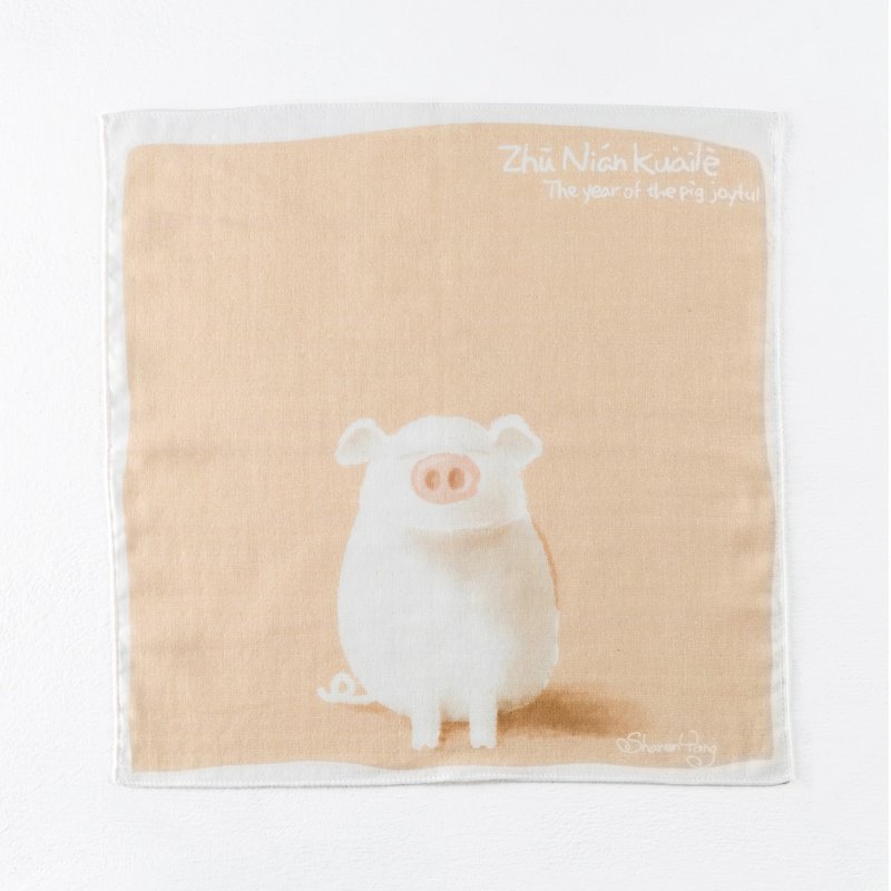 The pig is good at the towel. color - ผ้าเช็ดหน้า - ผ้าฝ้าย/ผ้าลินิน สีกากี