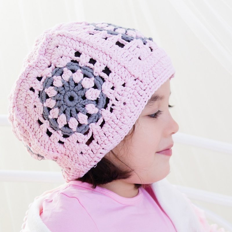 Cutie Bella hand-knitted hat Beret-Pink/Grey - หมวกเด็ก - ผ้าฝ้าย/ผ้าลินิน สึชมพู