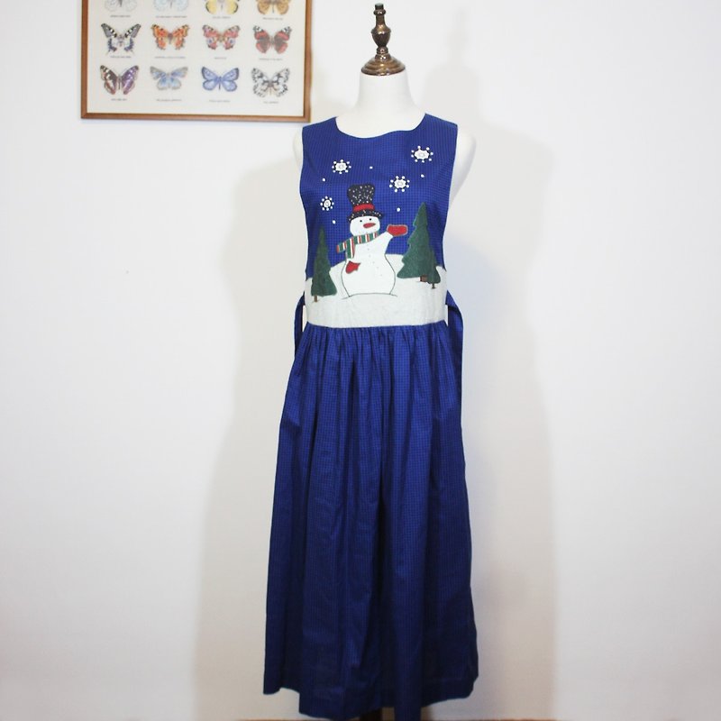 (Vintage American vintage dress) snowman stitching flower design blue checkered vest dress F3520 - ชุดเดรส - ผ้าฝ้าย/ผ้าลินิน สีน้ำเงิน