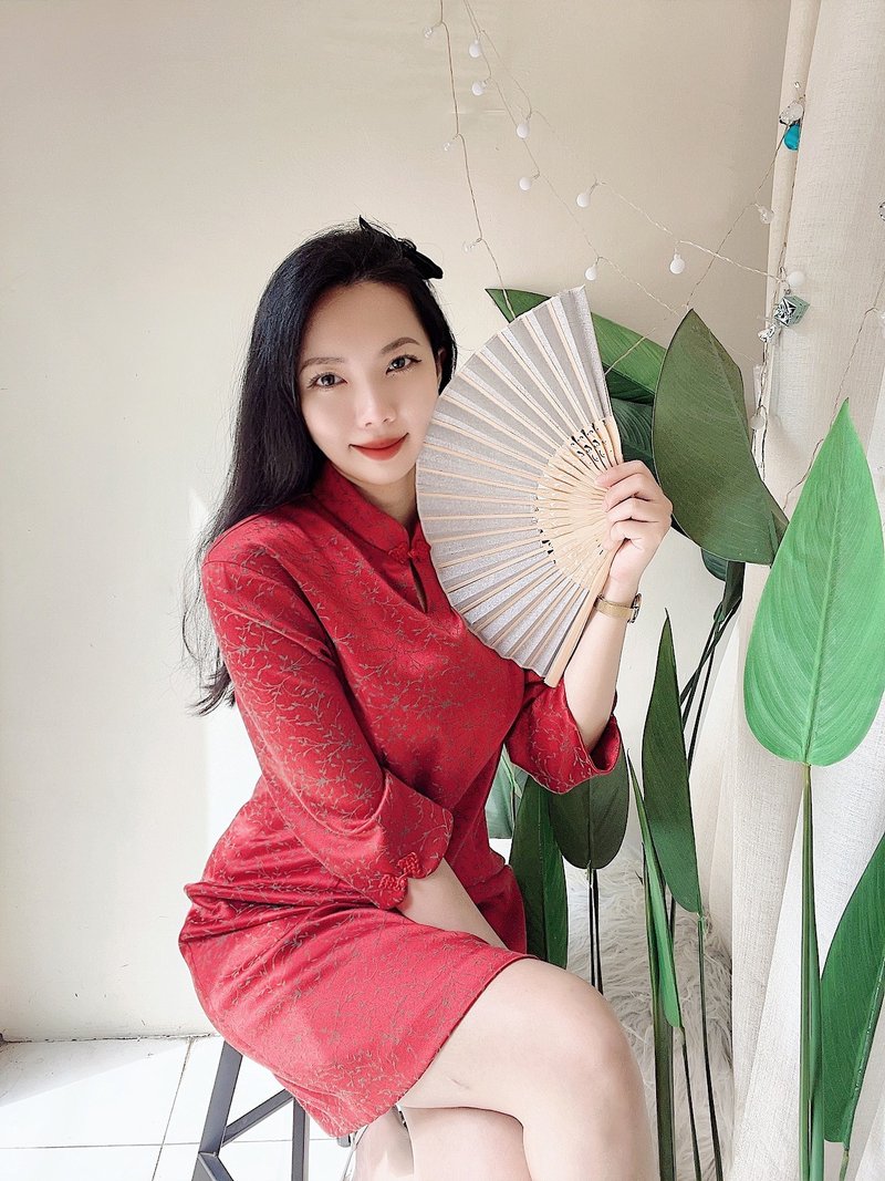 烈焰火紅旗袍式七分袖少女 古董古著光澤緞面洋裝連衣裙 vintage - 洋裝/連身裙 - 聚酯纖維 紅色