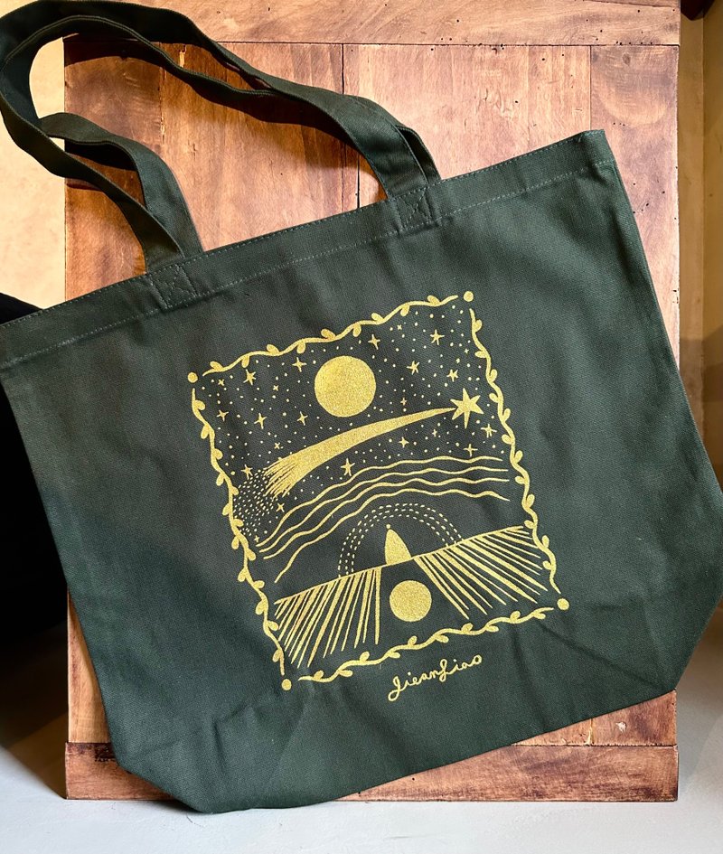 Jie-an Liao - The cosmos and me gold and silver double-sided silk print tote bag - dark green - Handbags & Totes - Cotton & Hemp 