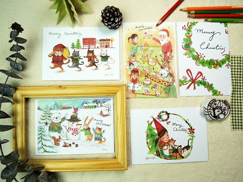 手描きのクリスマスはがき風。 5本セット - カード・はがき - 紙 多色