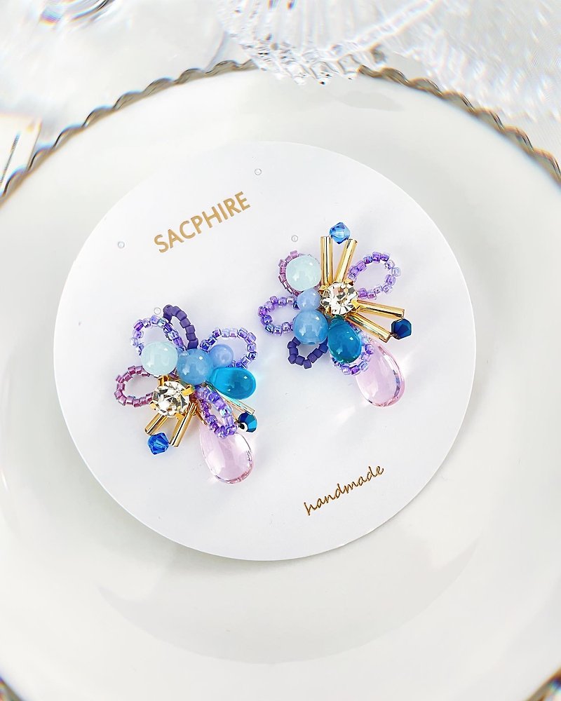 Purple Handmade Beaded Flower Water Drop Earrings Color Blue Color Purple - ต่างหู - วัสดุอื่นๆ สีม่วง
