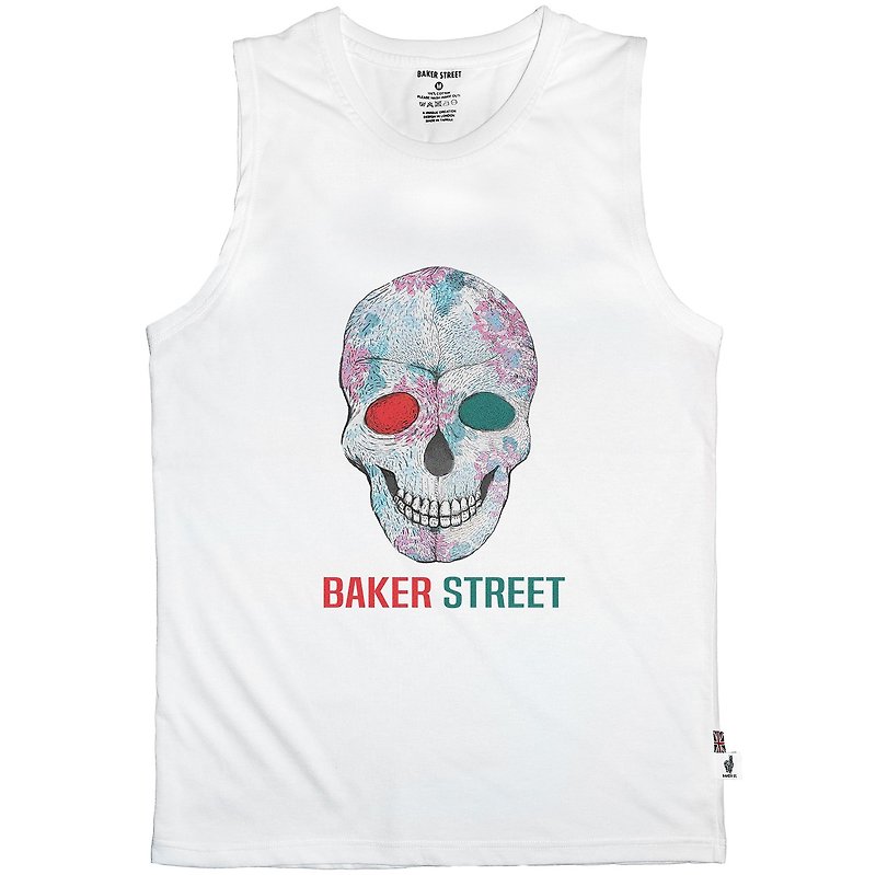 British Fashion Brand -Baker Street- Skull Printed Tank Top - เสื้อกั๊กผู้หญิง - ผ้าฝ้าย/ผ้าลินิน ขาว