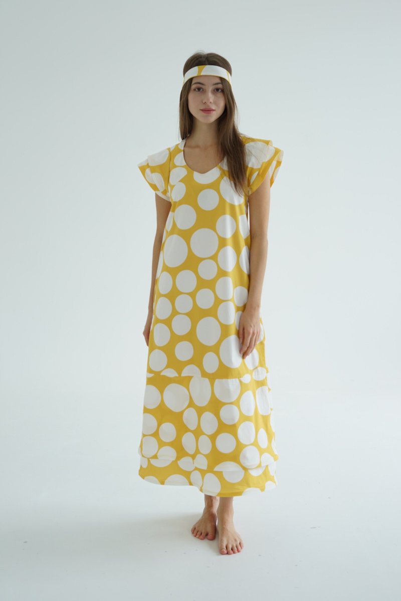 Yellow slow fashion bubble print midi dress - One Piece Dresses - Cotton & Hemp Yellow