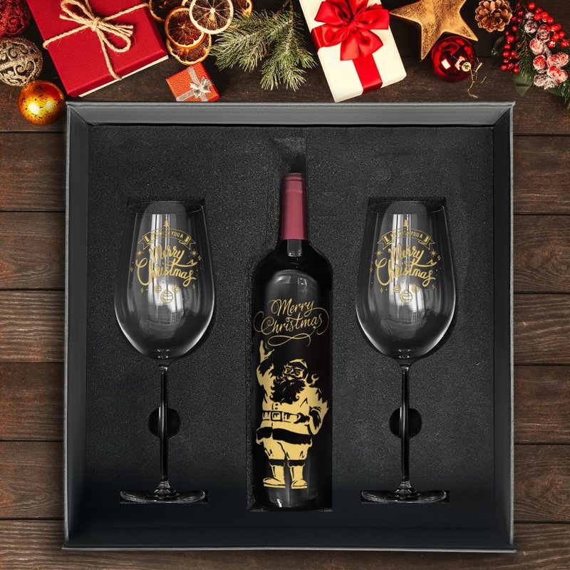 2024 Christmas Red Wine Gift Box Christmas Celebration Gift Customized French Red Wine and Matching Glass Set - แก้วไวน์ - แก้ว 