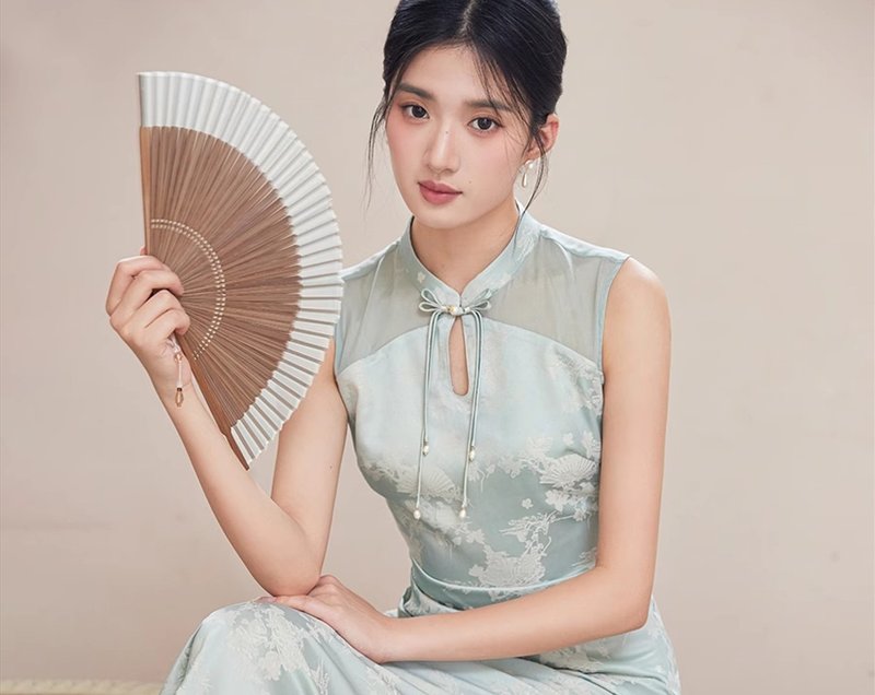 渺清影 新中式復古中國風 提花拼紗修身氣質洋裝 - 洋裝/連身裙 - 其他材質 綠色